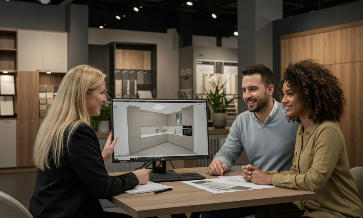 Art Closet apresenta projeto de cozinha planejada em 3D para casal em showroom de móveis planejados, simbolizando atendimento personalizado e soluções sob medida para apartamentos pequenos.