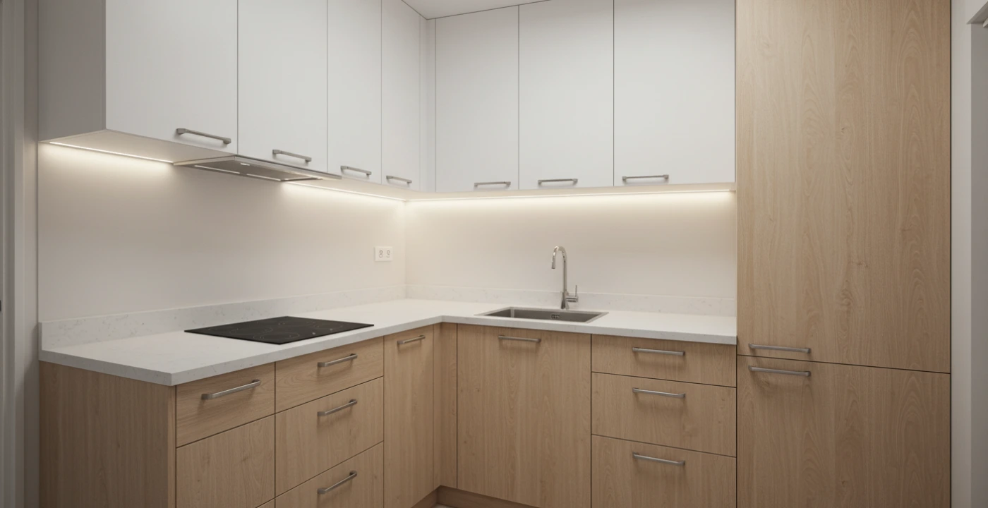 Cozinha pequena planejada com armários inferiores em MDF amadeirado claro, portas superiores lisas em branco e puxadores metálicos aparentes. - Art Closet