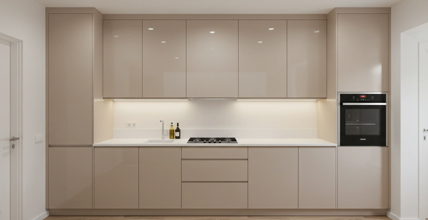 Cozinha planejada em MDF com armários superiores de acabamento brilhante e inferiores com acabamento fosco, ideal para apartamentos pequenos.- Art Closet