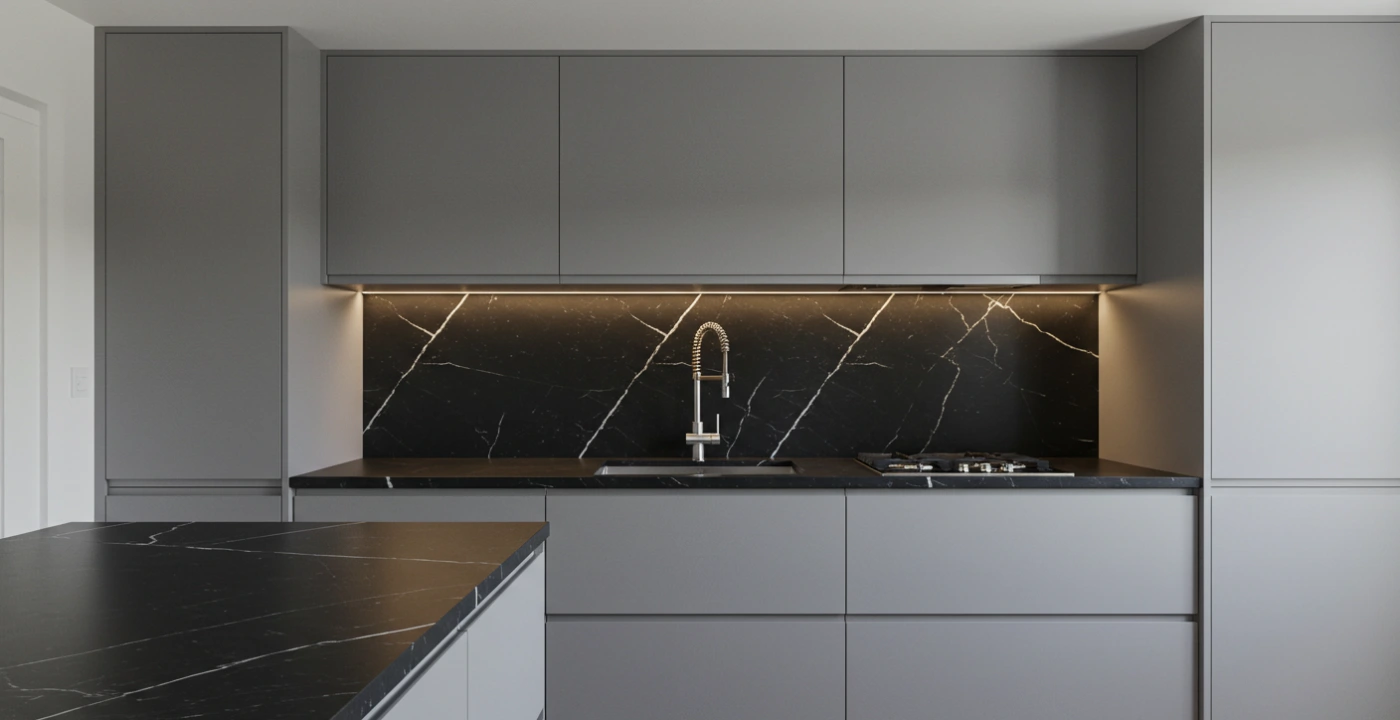 Cozinha planejada moderna com armários cinza fosco até o teto, bancada e porcelanato preto com veios brancos, iluminação LED embutida e torneira gourmet em inox. - Art Closet