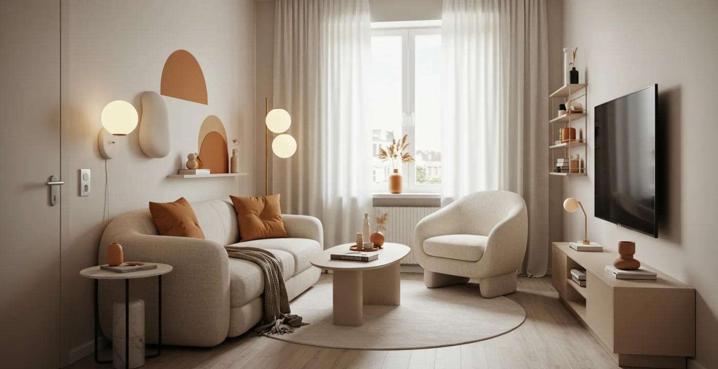 Sala pequena com design minimalista aconchegante, móveis de linhas curvas, paleta neutra com detalhes em terracota e iluminação suave. - Art Closet