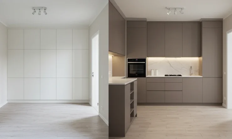 Antes e depois de um ambiente planejado: à esquerda, um espaço vazio; à direita, uma cozinha moderna e funcional com móveis planejados, iluminação embutida e acabamento sofisticado. | Art Closet Móveis Planejados