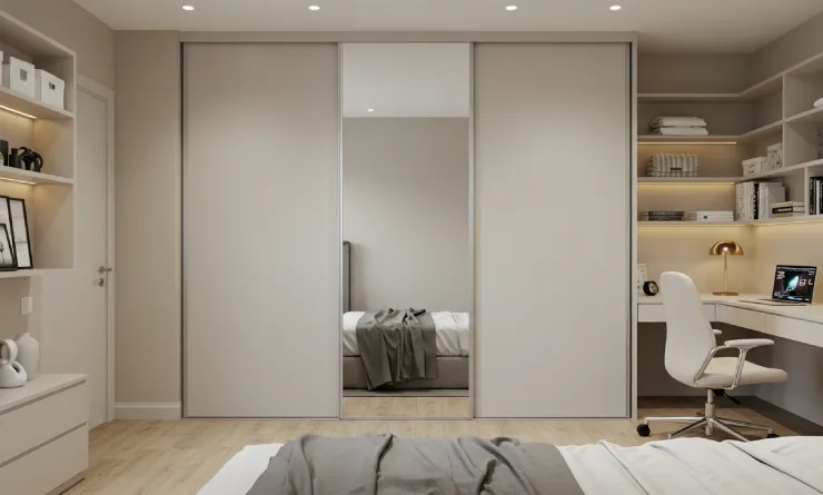 Tendências de móveis planejados para 2025 com armário de portas de correr espelhadas e home office integrado – projeto Art Closet