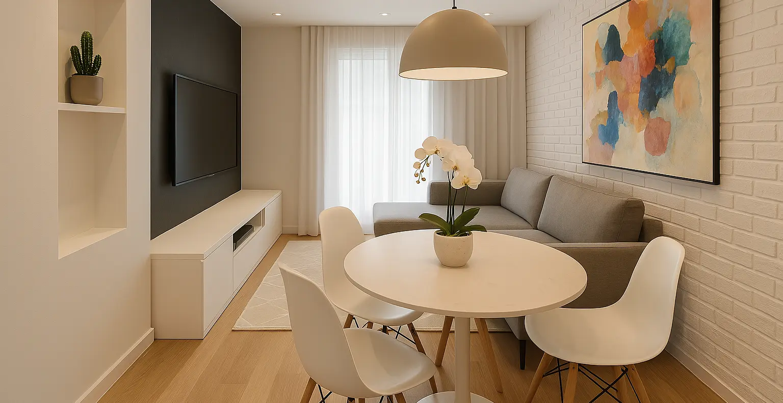 Sala de apartamento pequeno com móveis planejados em tons claros, painel escuro atrás da TV, nicho branco com cactos, quadro colorido abstrato e arranjo de orquídea sobre a mesa de jantar. - Art Closet