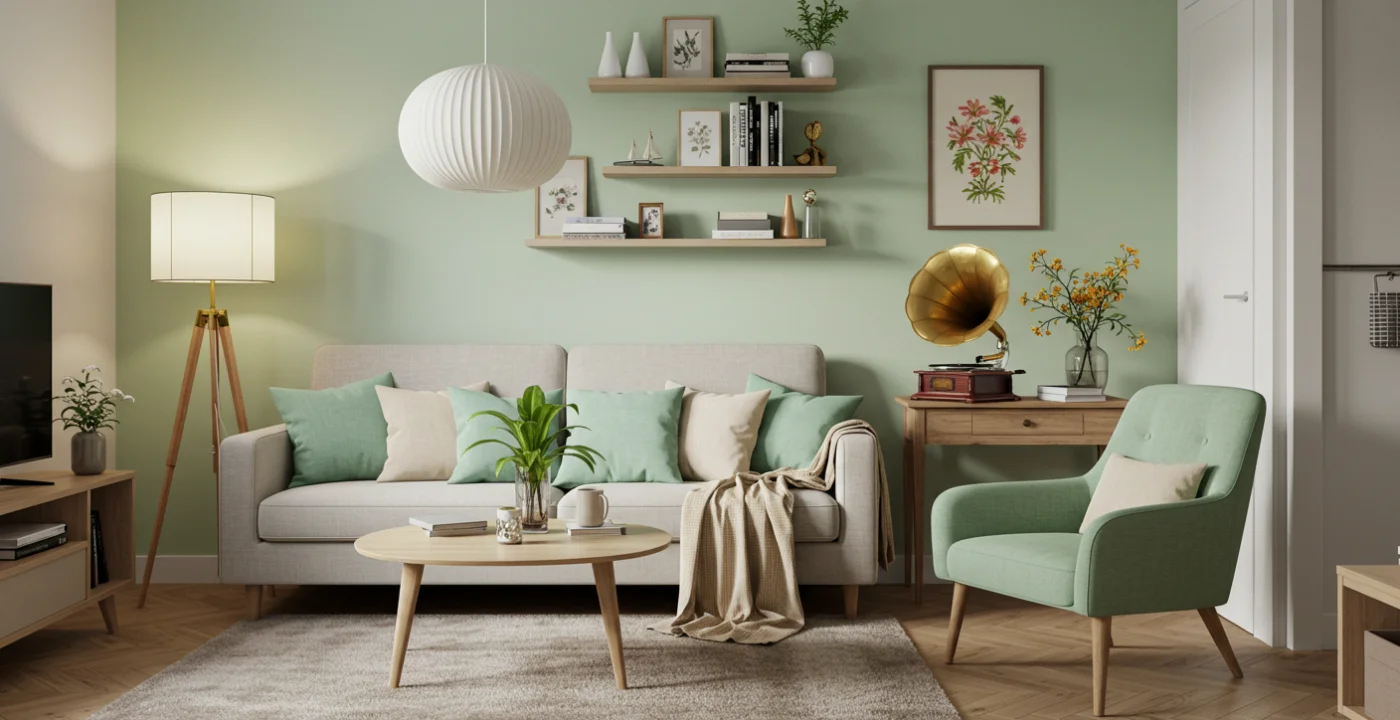 Sala moderna em estilo Grandma Core com parede verde pastel, móveis em madeira clara, vitrola vintage sobre uma mesinha e objetos decorativos afetivos. - Art Closet