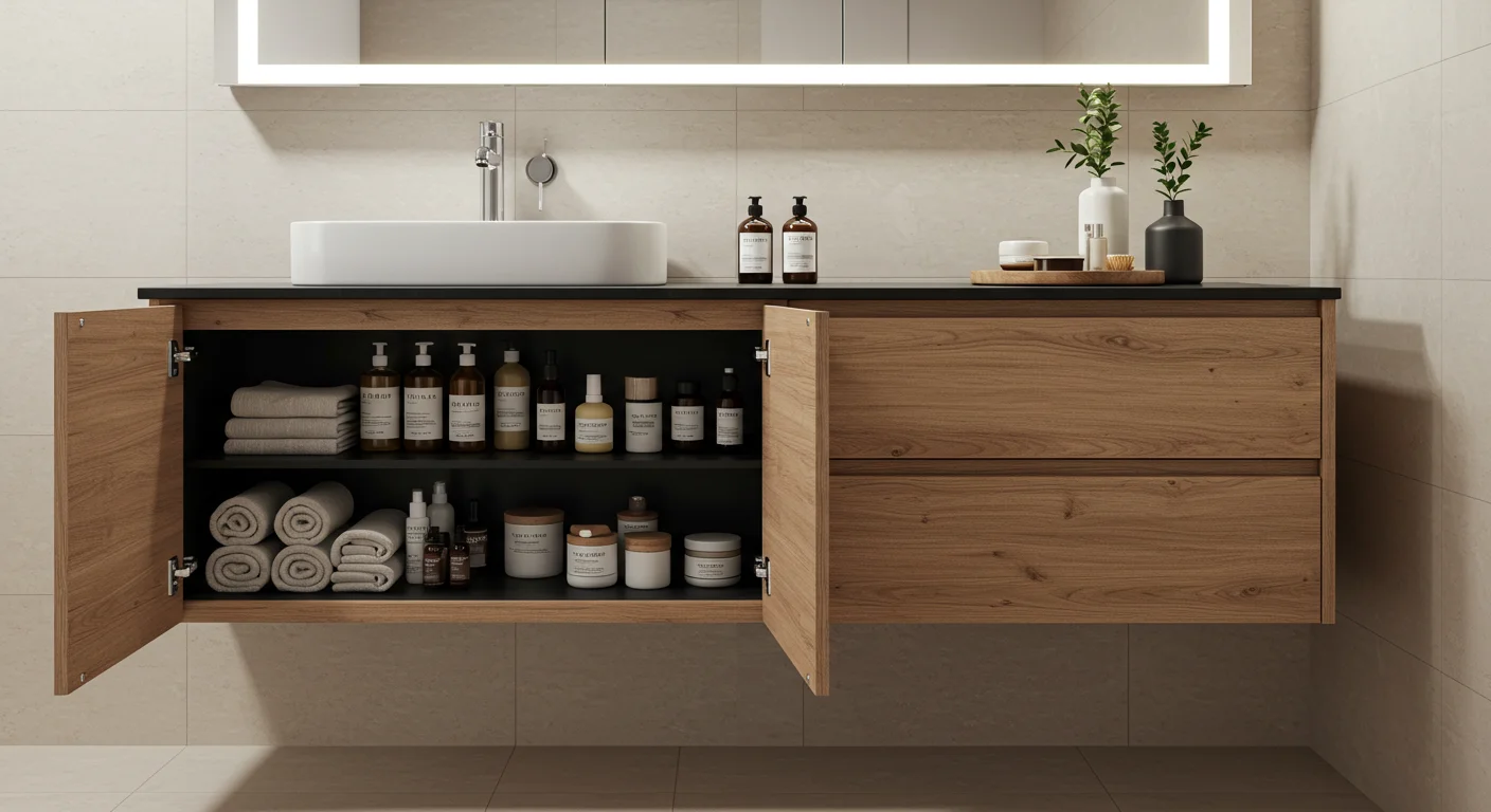 Armário de banheiro moderno com portas abertas, mostrando frascos variados e toalhas organizadas – design sofisticado Art Closet