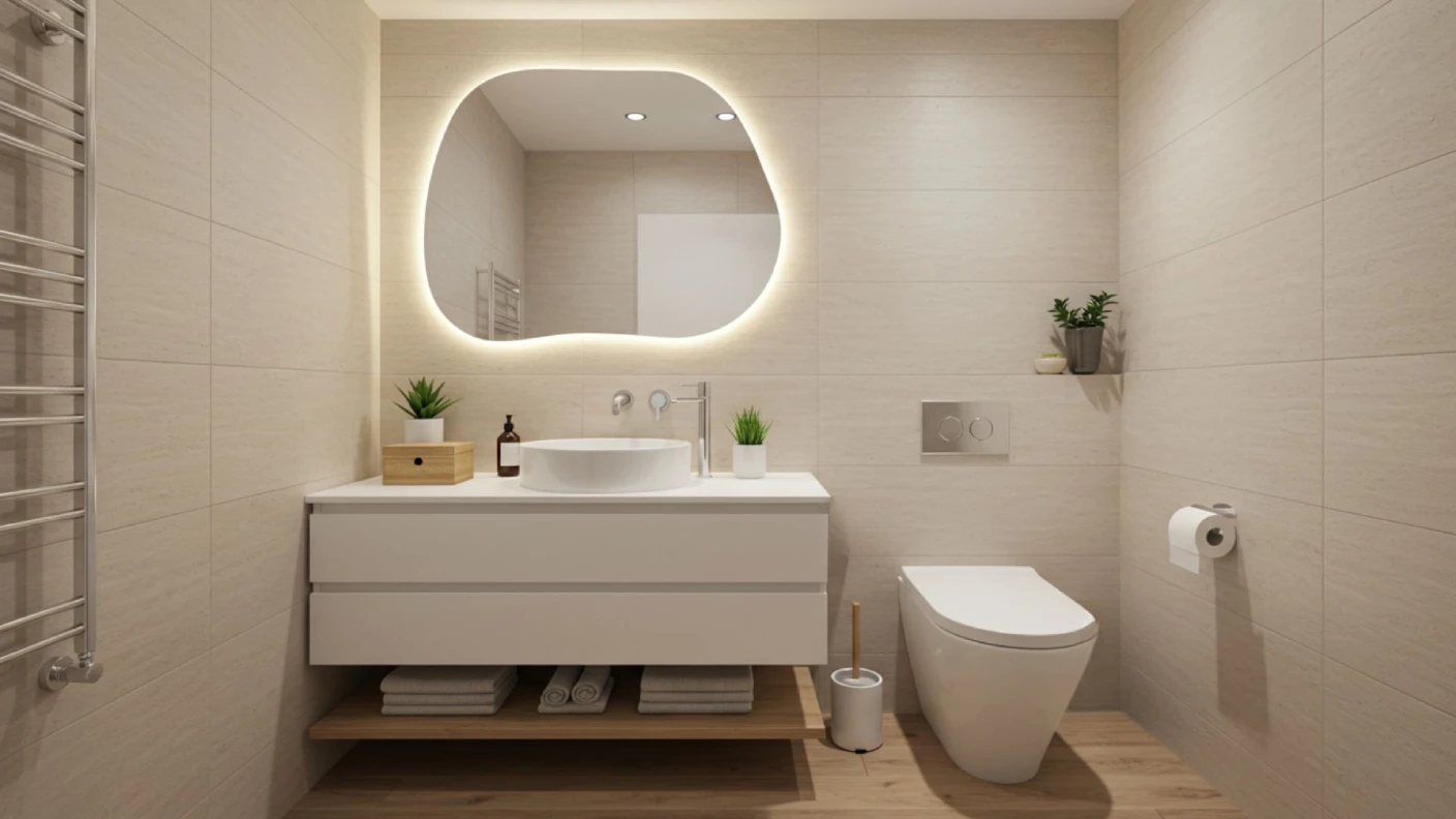 Banheiro planejado com gabinete branco, prateleira amadeirada e espelho orgânico com iluminação embutida – Art Closet