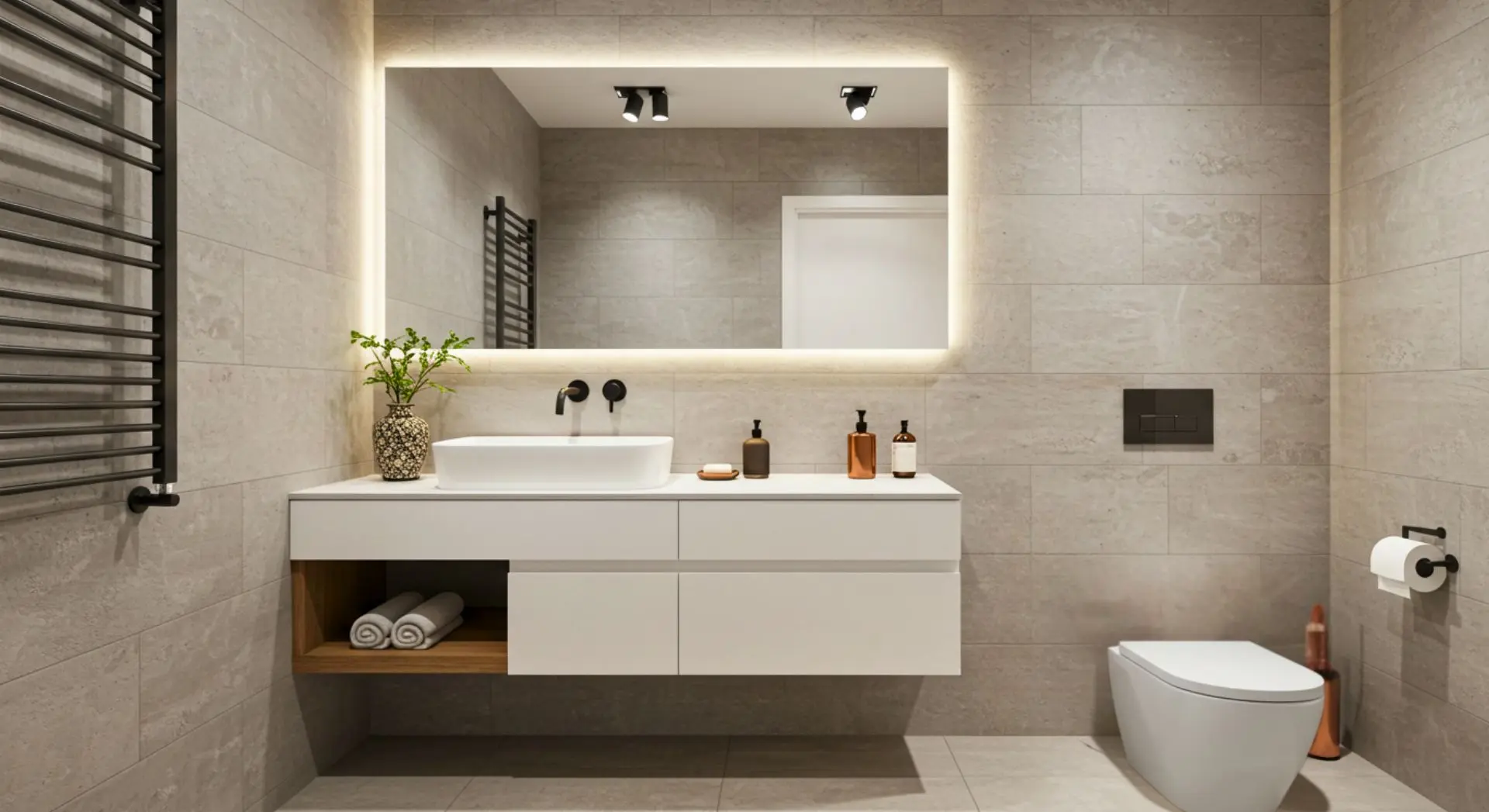 Banheiro planejado com gabinete branco suspenso, nicho amadeirado e espelho com iluminação embutida – Art Closet