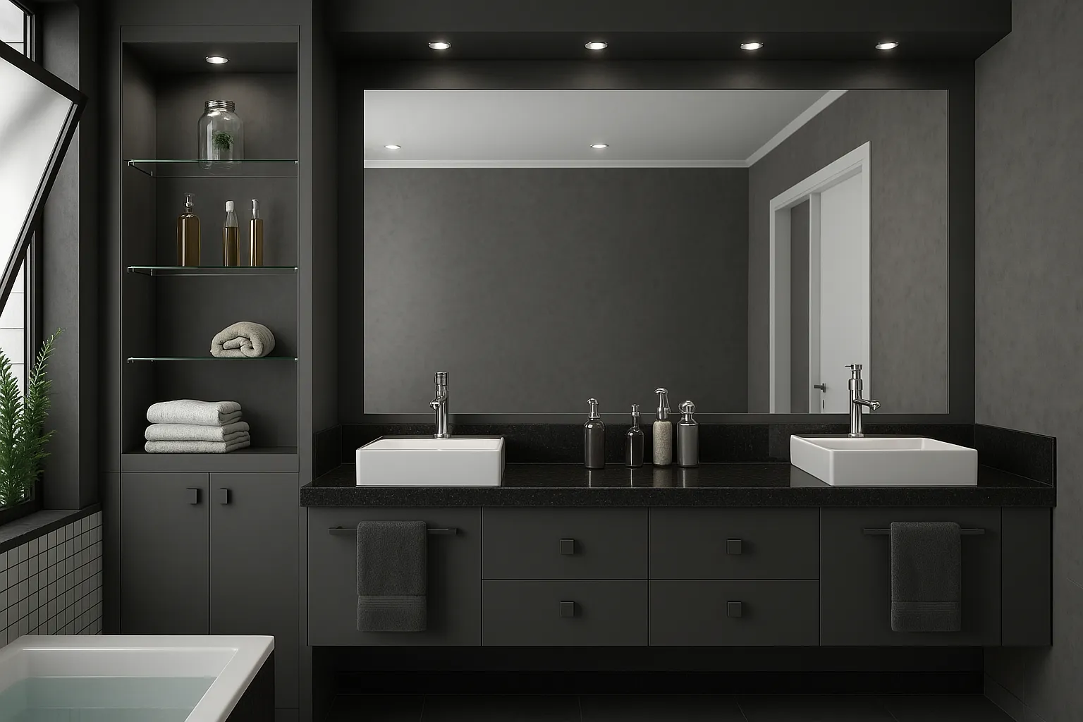 Banheiro planejado com gabinete grande grafite com granito preto são gabriel e duas cubas sobrepostas – Art Closet