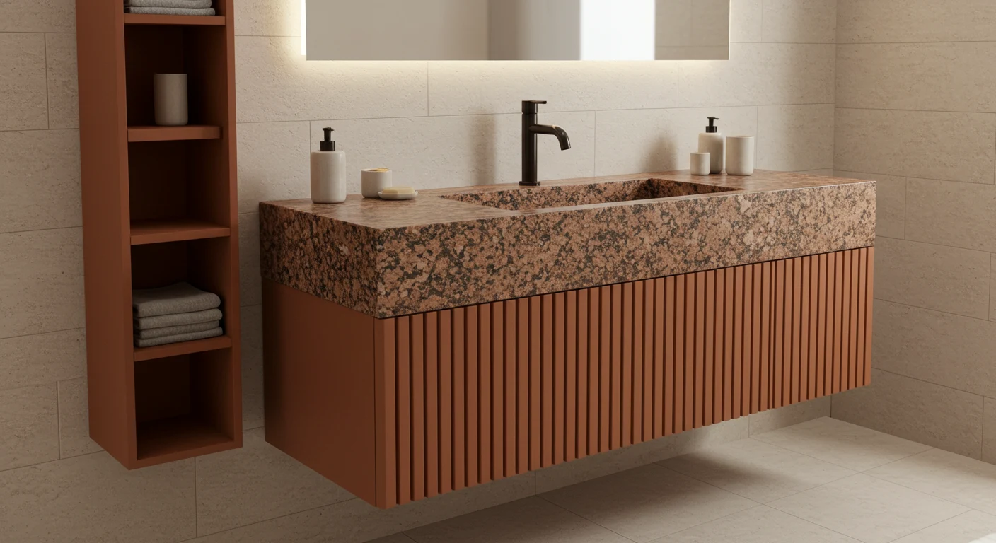 Banheiro planejado com gabinete ripado terracota e cuba esculpida em granito Ouro Brasil – Art Closet