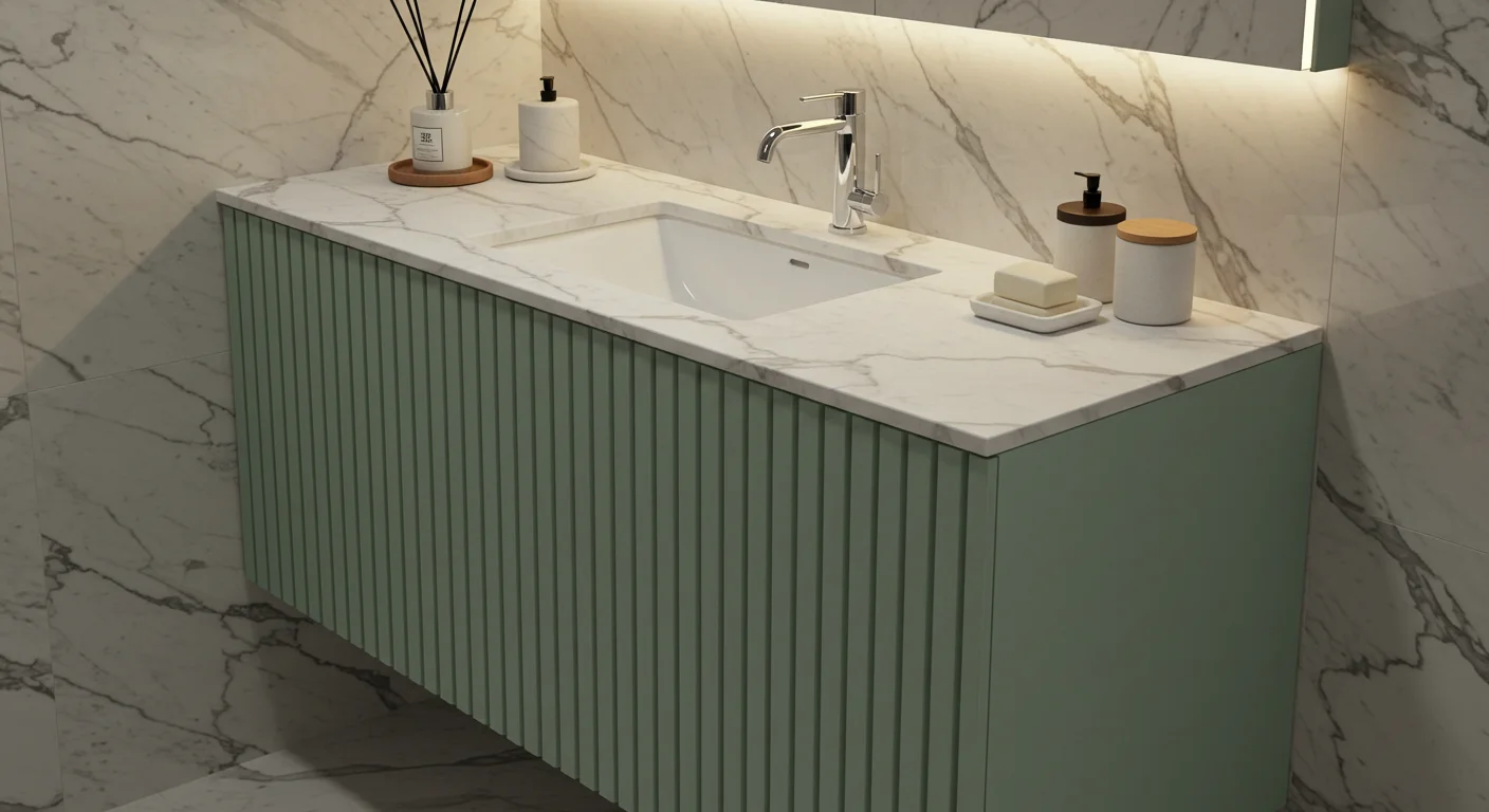 Banheiro planejado com gabinete ripado verde menta e pia em mármore carrara com cuba embutida – Art Closet