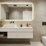 Banheiro planejado com gabinete branco suspenso, nicho amadeirado e espelho iluminado – projeto Art Closet
