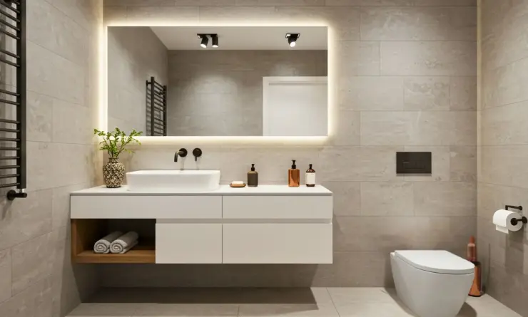 Banheiro planejado com gabinete branco suspenso, nicho amadeirado e espelho iluminado – projeto Art Closet
