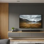 Home theater com painel ripado amadeirado, MDF cinza e rack suspenso com TV de 50 polegadas – projeto Art Closet