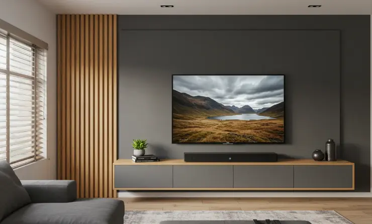 Home theater com painel ripado amadeirado, MDF cinza e rack suspenso com TV de 50 polegadas – projeto Art Closet