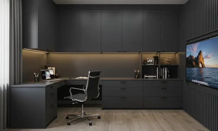 Móveis planejados para home office moderno em cinza chumbo – projeto exclusivo da Art Closet