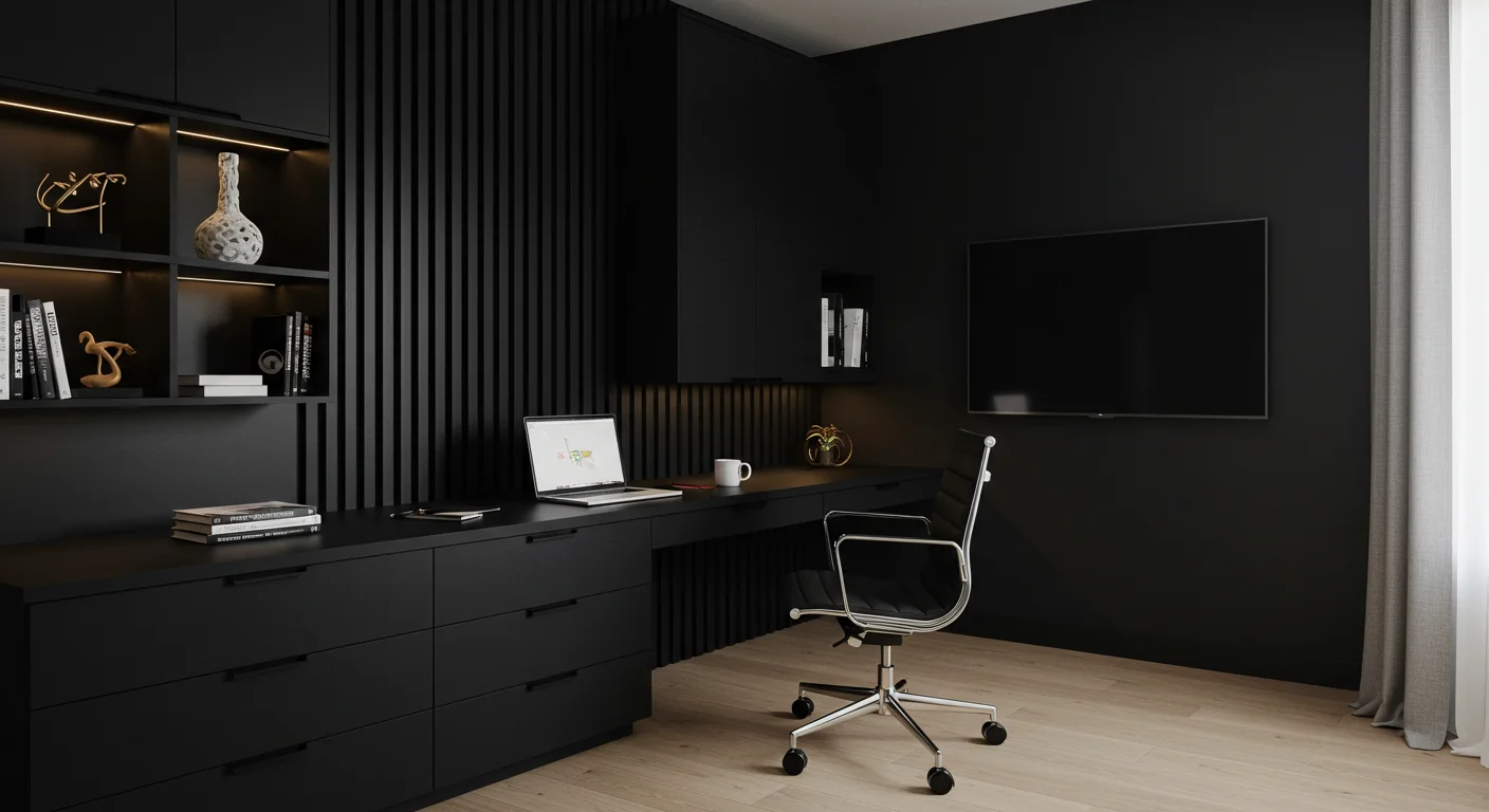 Móveis planejados para home office com acabamento preto fosco e painel ripado no quarto – Projeto Art Closet