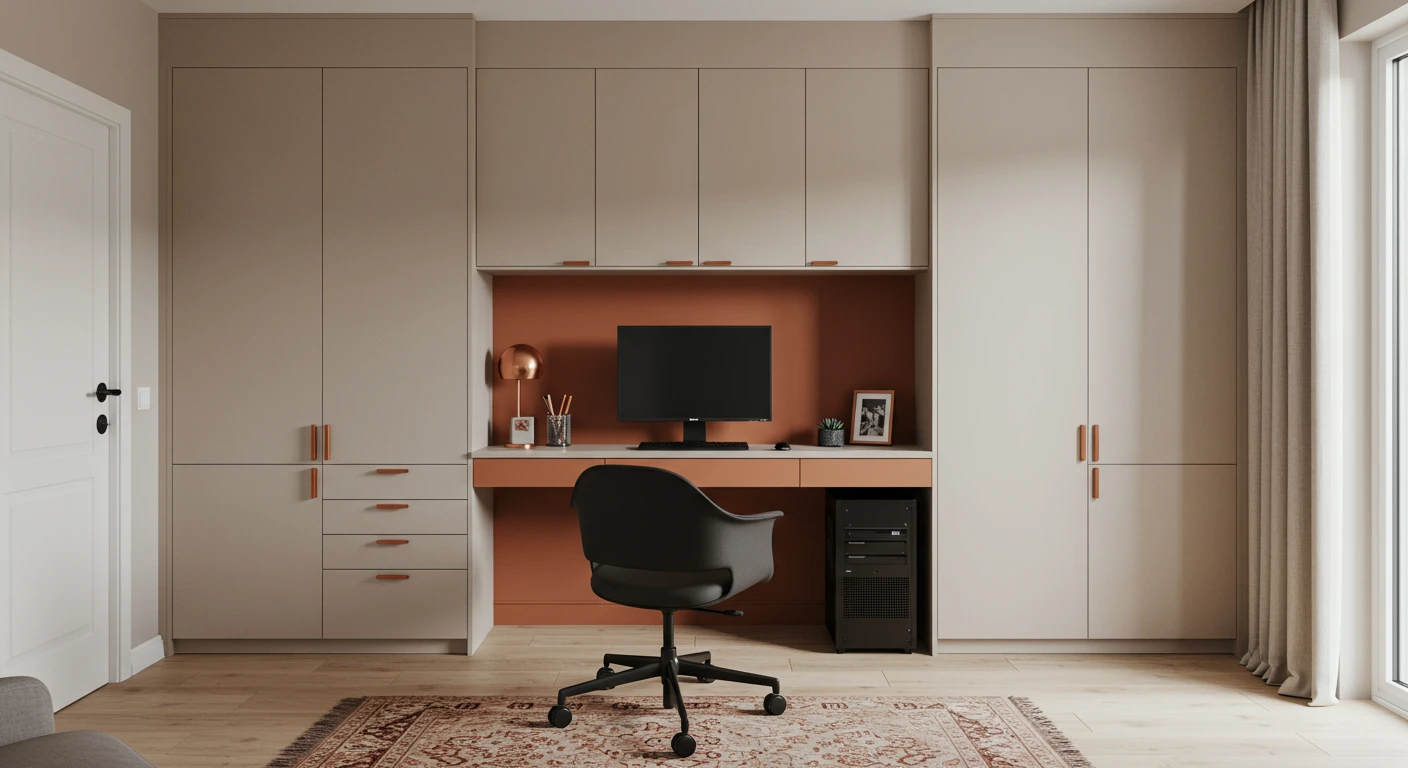 Home office com bancada bege fosca, nichos e gavetas em terracota, monitor grande centralizado, CPU visível embutida e tapete marrom com padrão suave. Cadeira preta ergonômica. Projeto Art Closet.