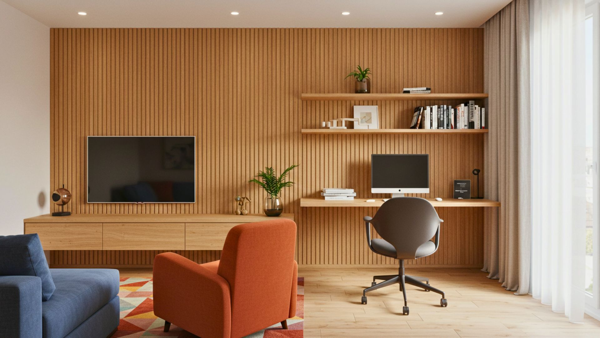 Home office integrado em sala pequena com painel ripado de madeira clara ocupando toda a parede, rack flutuante, duas prateleiras sobre a bancada e cadeira preta com rodinhas. Projeto Art Closet.