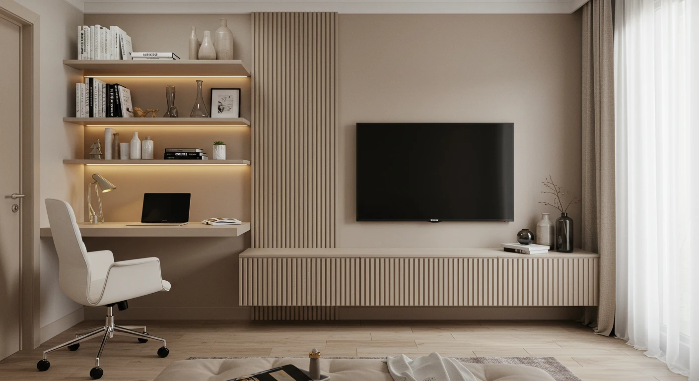 Home office planejado na sala integrado ao rack home theater todo em laca bege – Projeto Art Closet