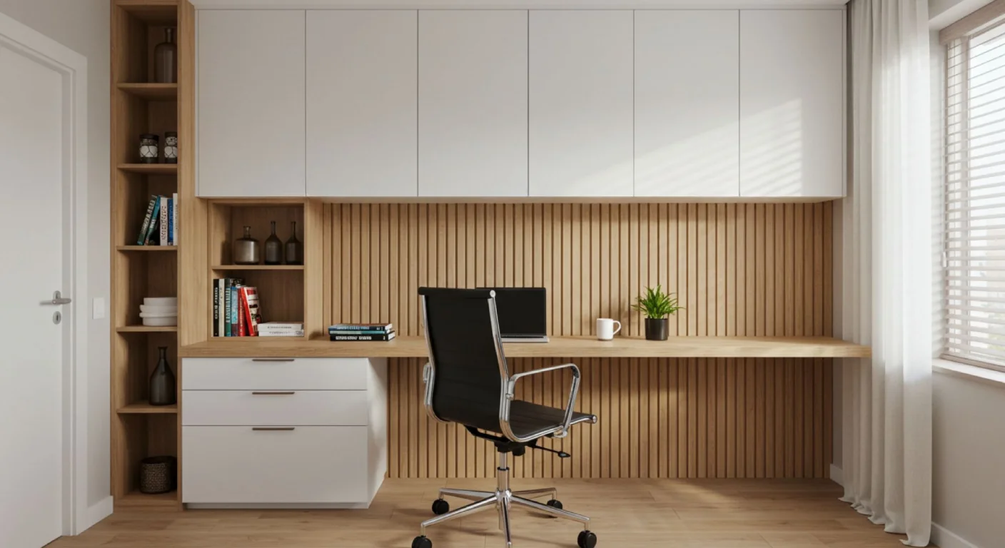 Home office planejado branco em quarto com painel ripado amadeirado, iluminação natural e bancada sob medida amadeirada – Projeto Art Closet