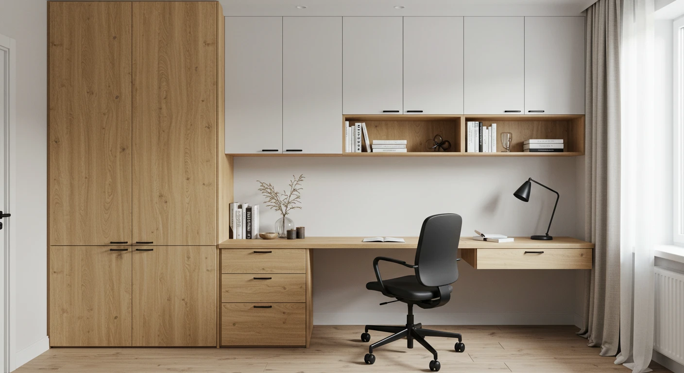 Home office planejado com estilo escandinavo, MDF amadeirado claro, armários superiores e iluminação natural – Projeto Art Closet