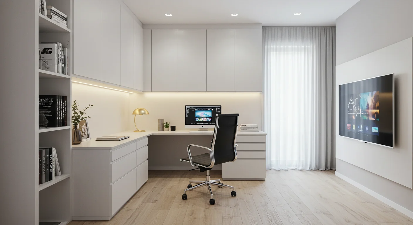 Home office planejado em laca branca com bancada em “L”, armários superiores em laca branca e painel de TV integrado – Projeto Art Closet