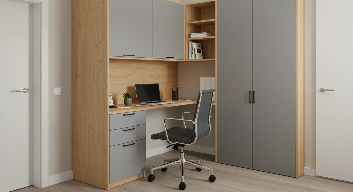 Home office planejado com acabamento em madeira clara e portas cinza fosco. Bancada com apoio lateral em gaveteiro, prateleiras e armários superiores até o teto. Cadeira de escritório preta com rodinhas e detalhes metálicos. Projeto funcional e moderno da Art Closet.