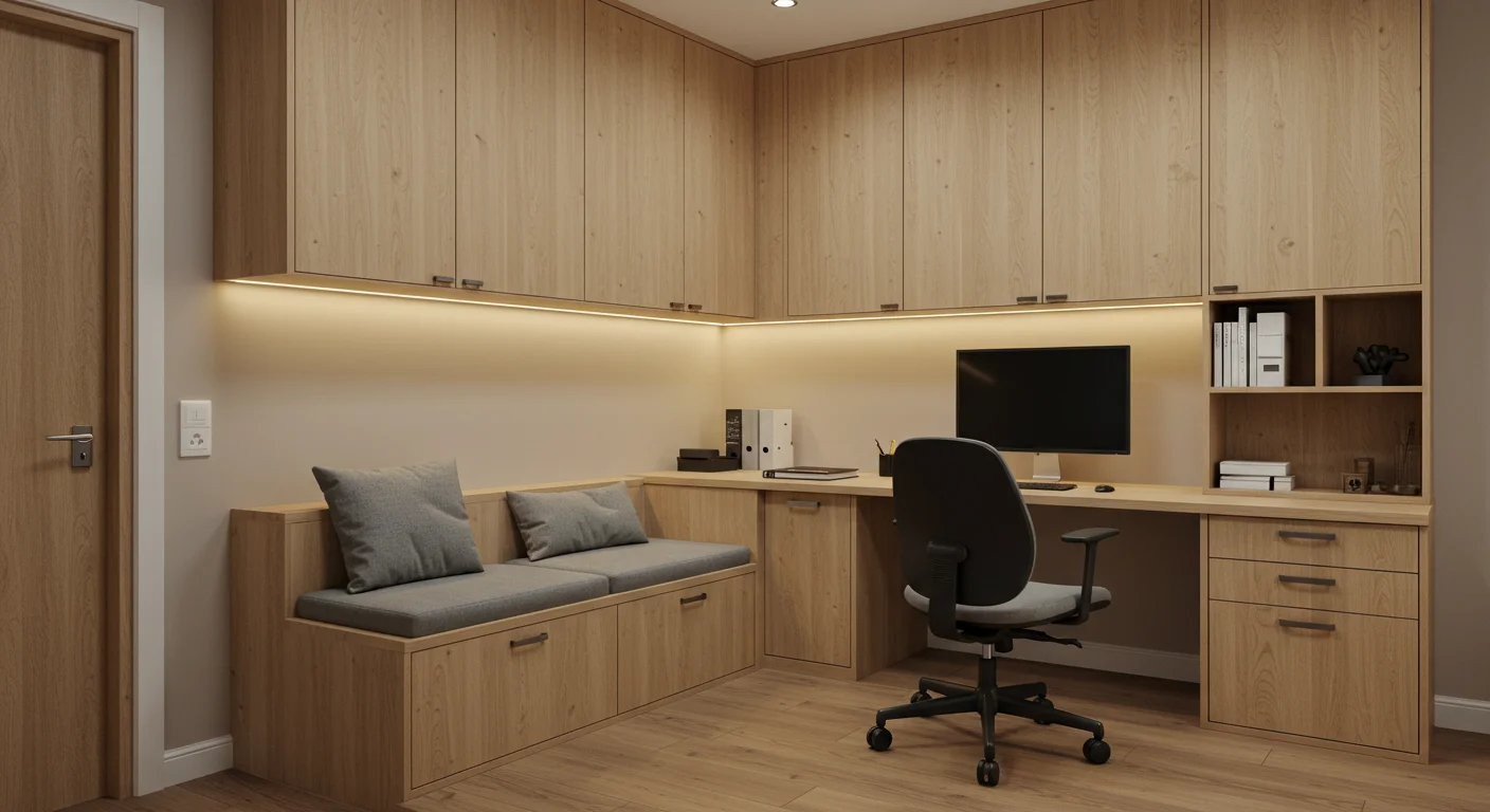 Home office planejado com MDF amadeirado, armários superiores e banco com gavetas sob medida – Projeto Art Closet