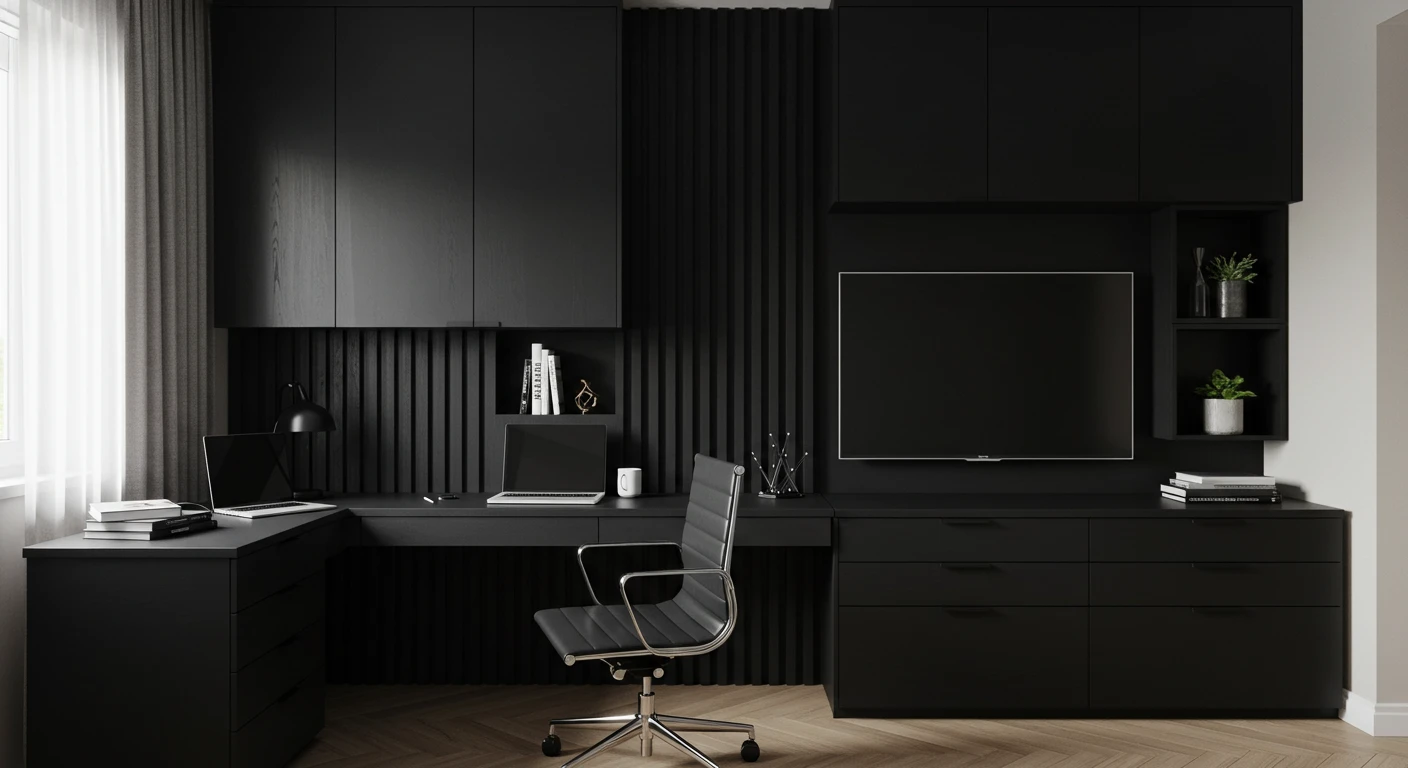 Home office planejado com MDF preto, painel ripado vertical, armários superiores e painel de TV integrado – Projeto Art Closet