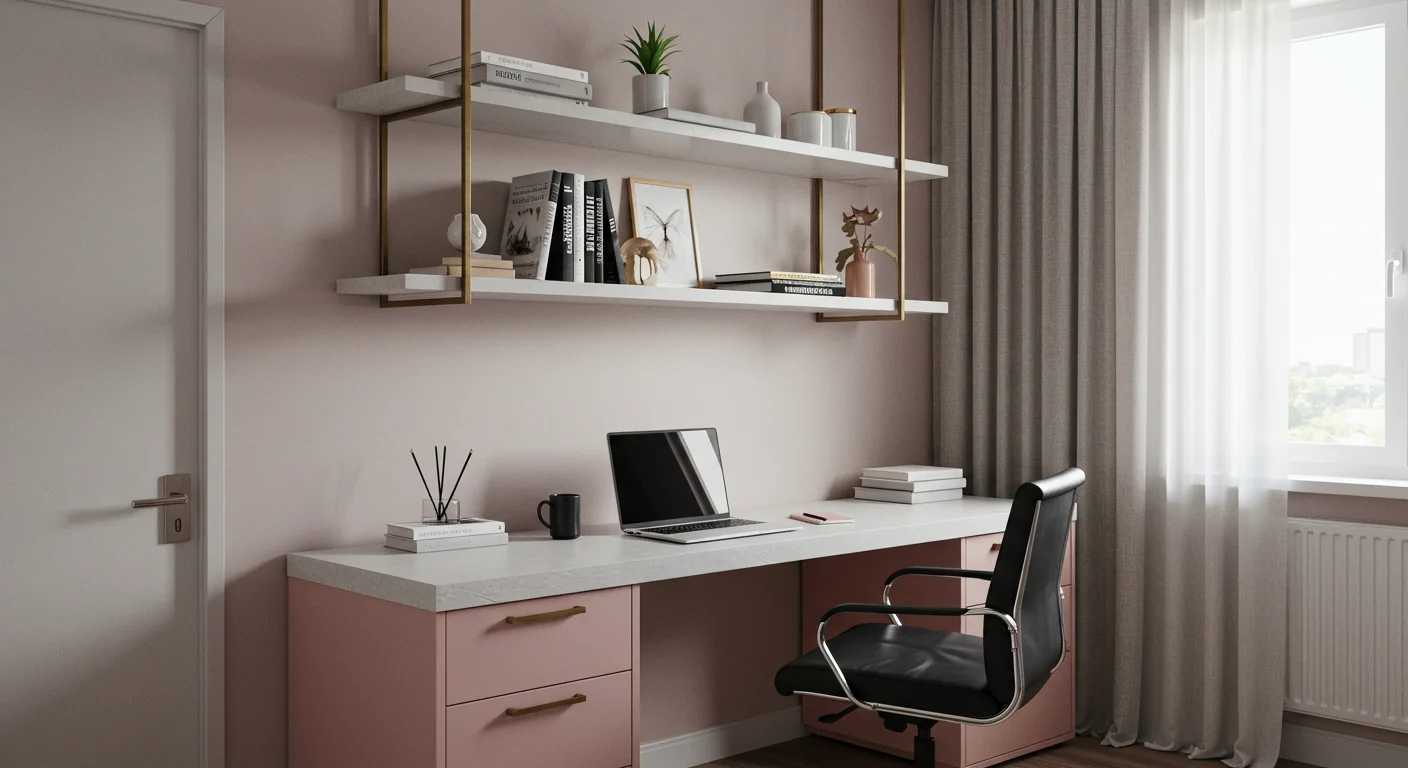 Home office planejado com MDF rosa, bancada clara e prateleiras suspensas em estrutura metálica dourada – Projeto Art Closet