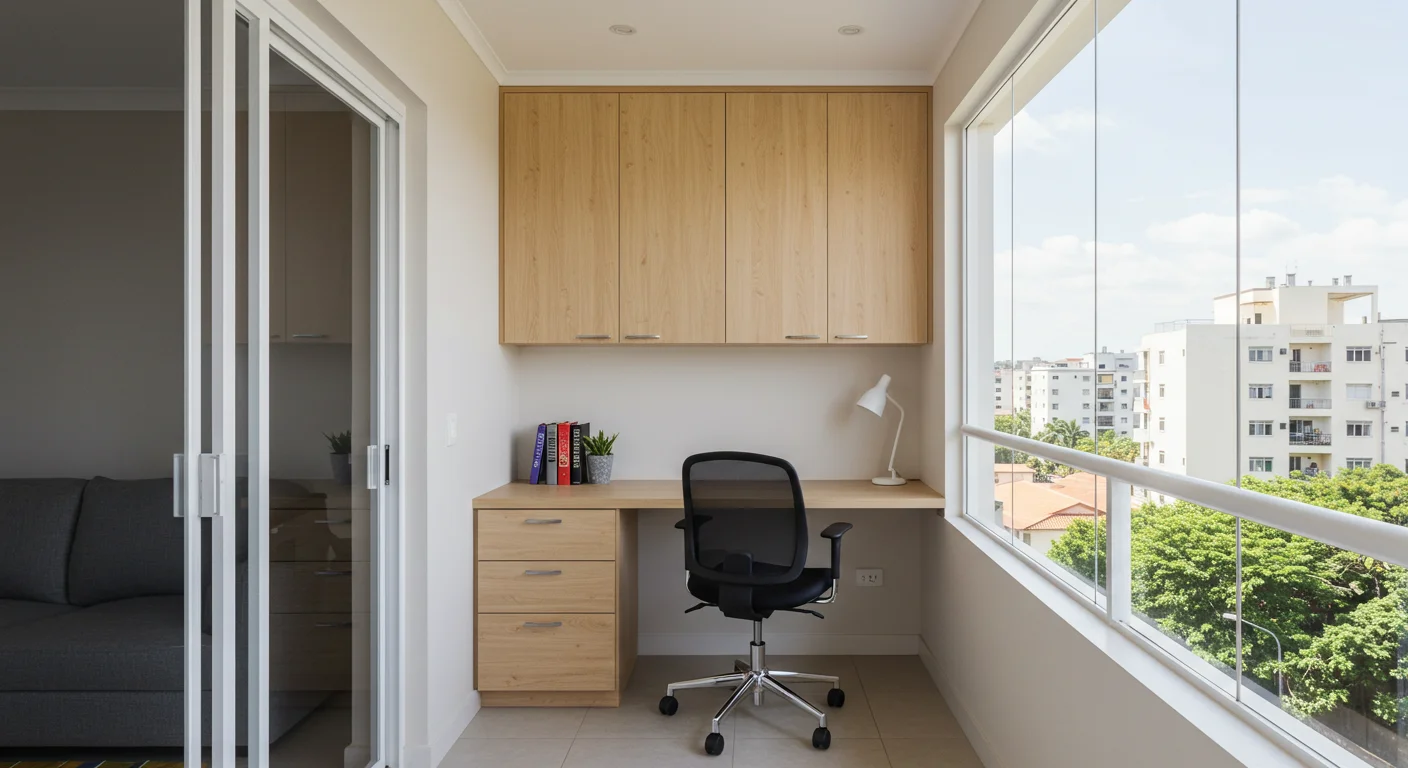 Home office compacto e funcional em uma varanda fechada de apartamento, com armários superiores e gaveteiro em MDF amadeirado claro. Cadeira preta ergonômica com rodízios. Ambiente bem iluminado naturalmente, com vista urbana através da vidraça. Design sob medida com estilo leve e contemporâneo. Art Closet.