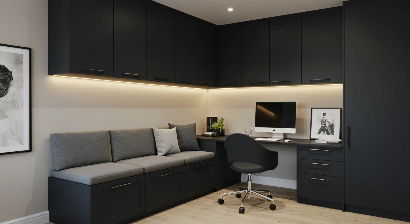 Home office planejado com iluminação embutida, monitor posicionado corretamente e móveis sob medida – Projeto Art Closet