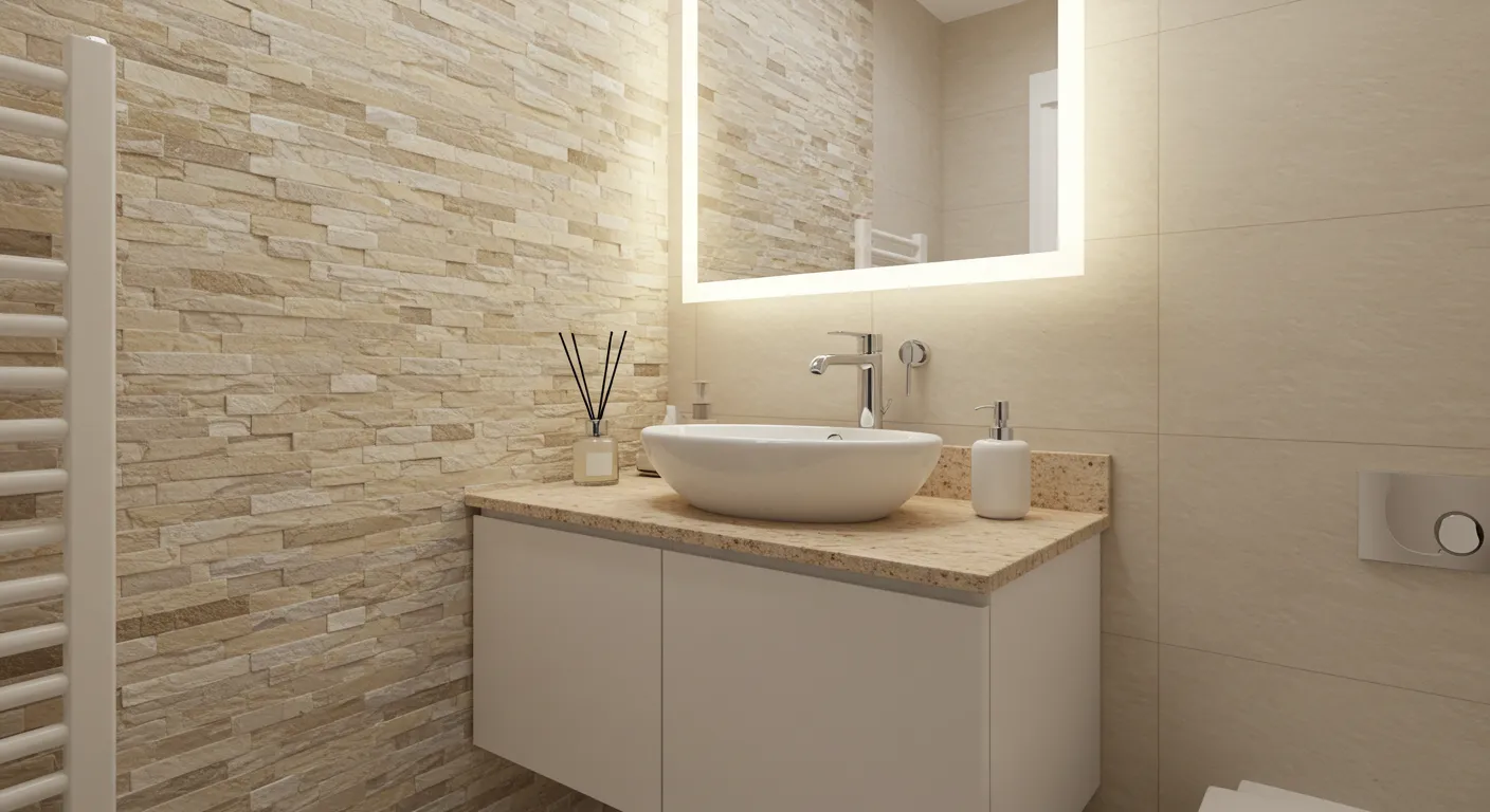 Lavabo planejado com gabinete branco, cuba sobreposta e parede revestida com filetes de pedra mineira – Art Closet