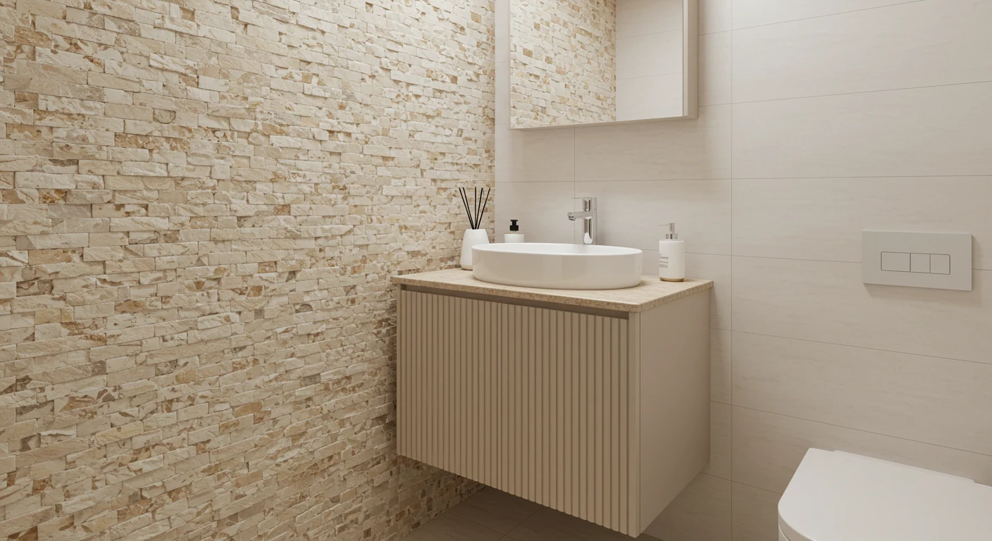 Lavabo planejado com gabinete ripado bege e parede com filetes de pedra mineira – Art Closet