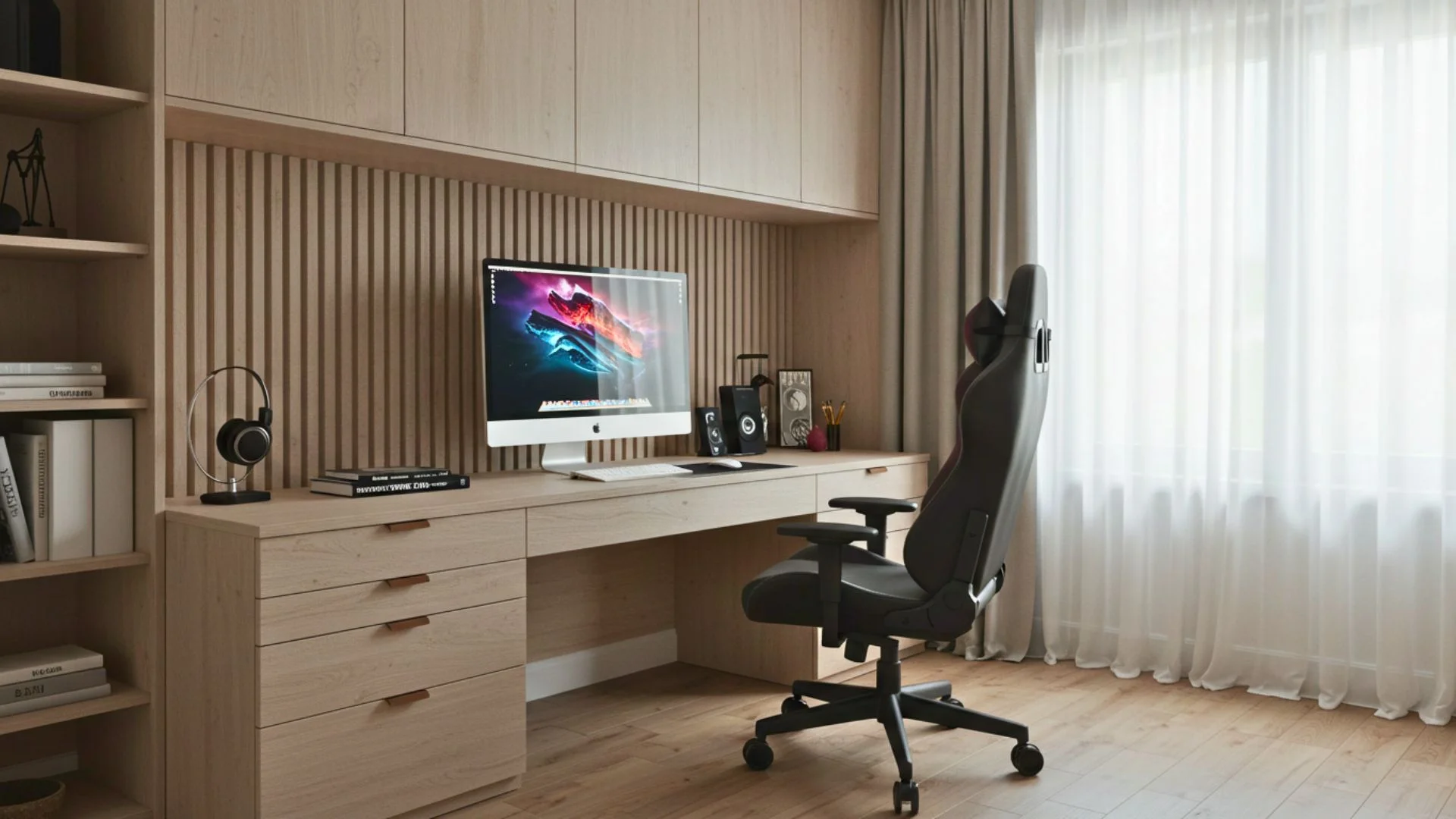 Home office planejado em quarto gamer com painel ripado, iluminação natural e bancada sob medida – Projeto Art Closet