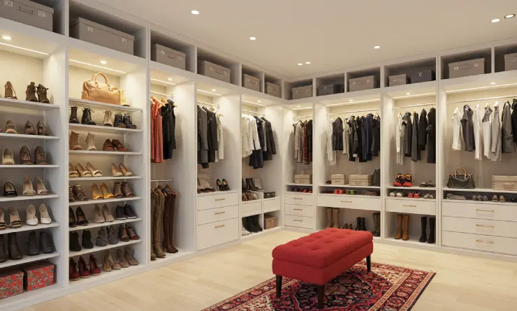 Closet planejado para casal com iluminação embutida, sapateira, gavetas e acabamento branco - Projeto Art Closet