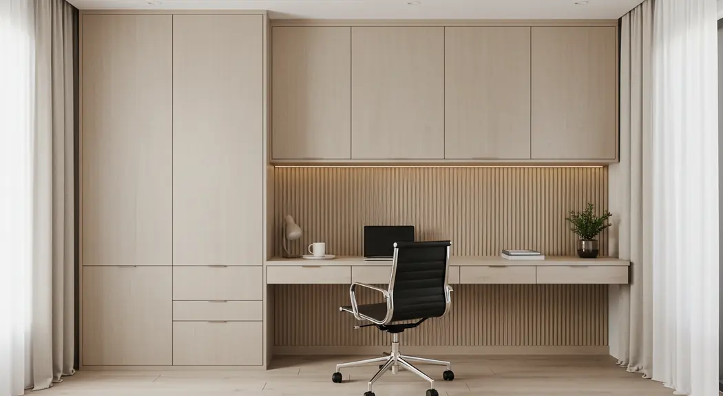 Home office planejado com painel ripado e bancada funcional Art Closet