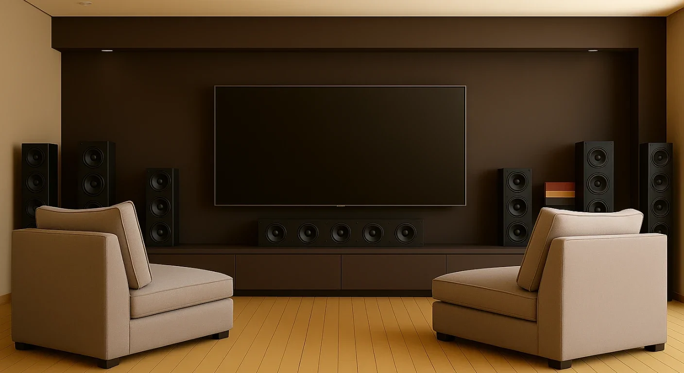 Home theater com painel em MDF Marrom Ébano e sistema de áudio Hi-End — Art Closet