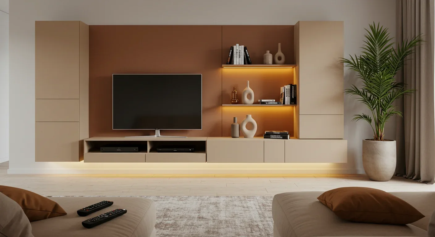 Home theater em MDF bege e terracota com prateleiras iluminadas em LED para TV 50 — Art Closet
