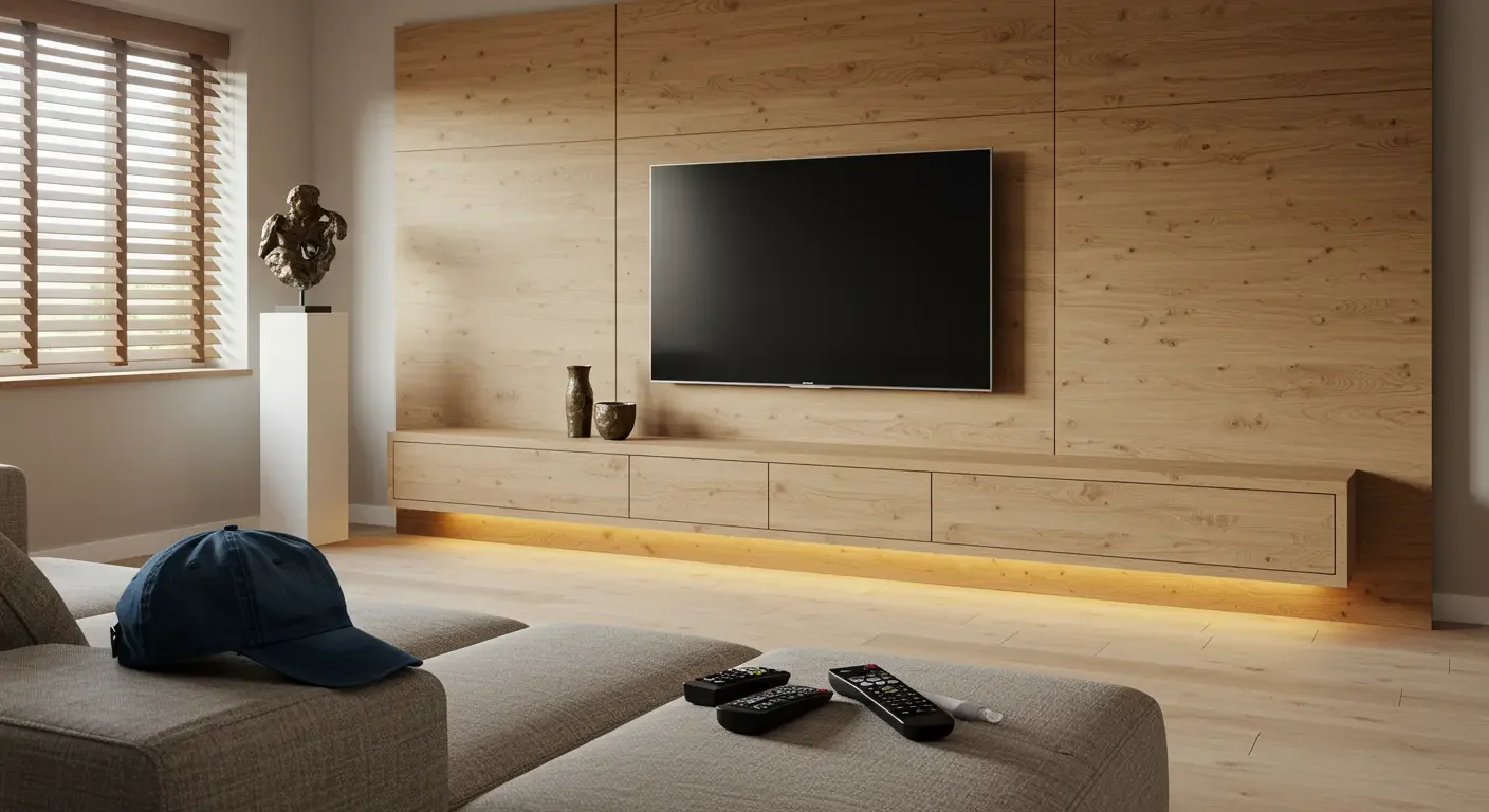 Home theater em MDF Carvalho Natural com rack suspenso e LED para TV 60 — Art Closet