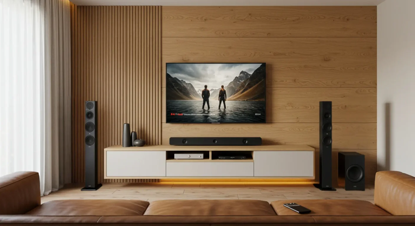 Home theater com ripado em Carvalho, laca off-white, LED e sistema de som para TV 65 — Art Closet