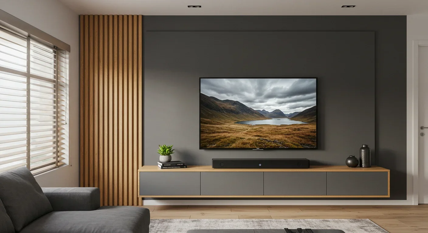 Home theater em MDF grafite com ripado amadeirado e rack suspenso para TV 50 — Art Closet