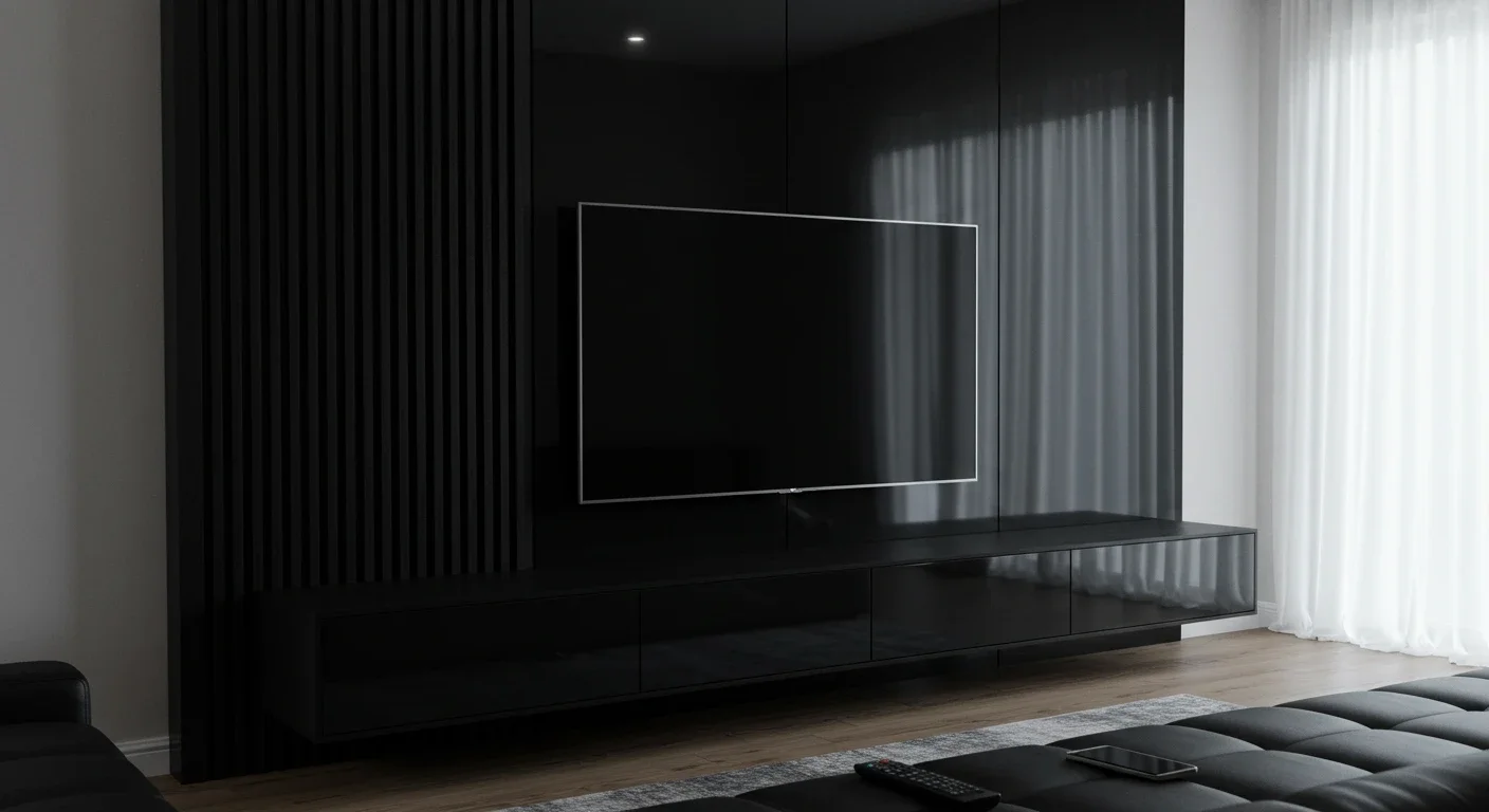 Home theater em MDF Nero com ripado e laca preta, rack suspenso para TV 75 — Art Closet