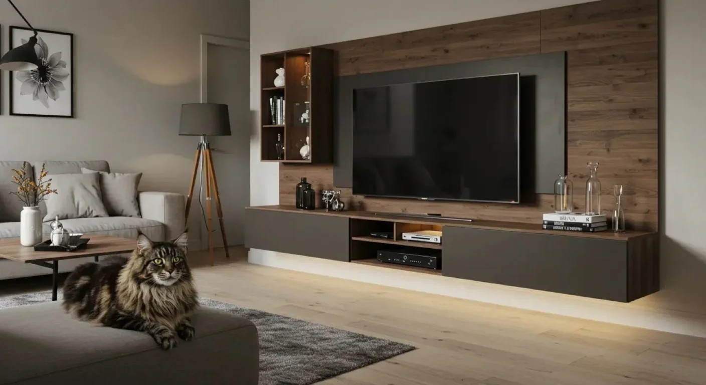 Home theater em MDF Nogueira e grafite com rack suspenso, cristaleira e LED — Art Closet