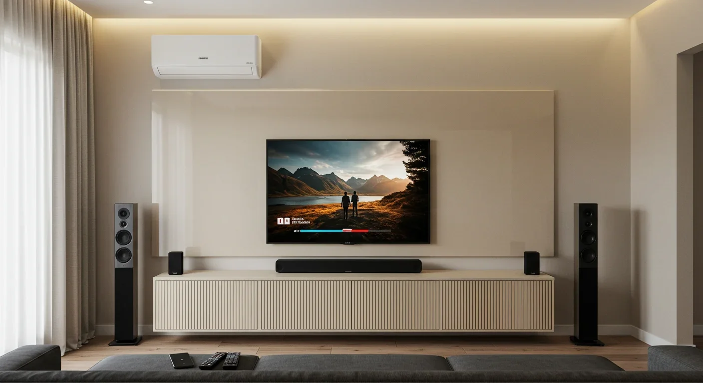 Home theater com painel laqueado bege, ripado off-white e LED para TV 75 — Art Closet