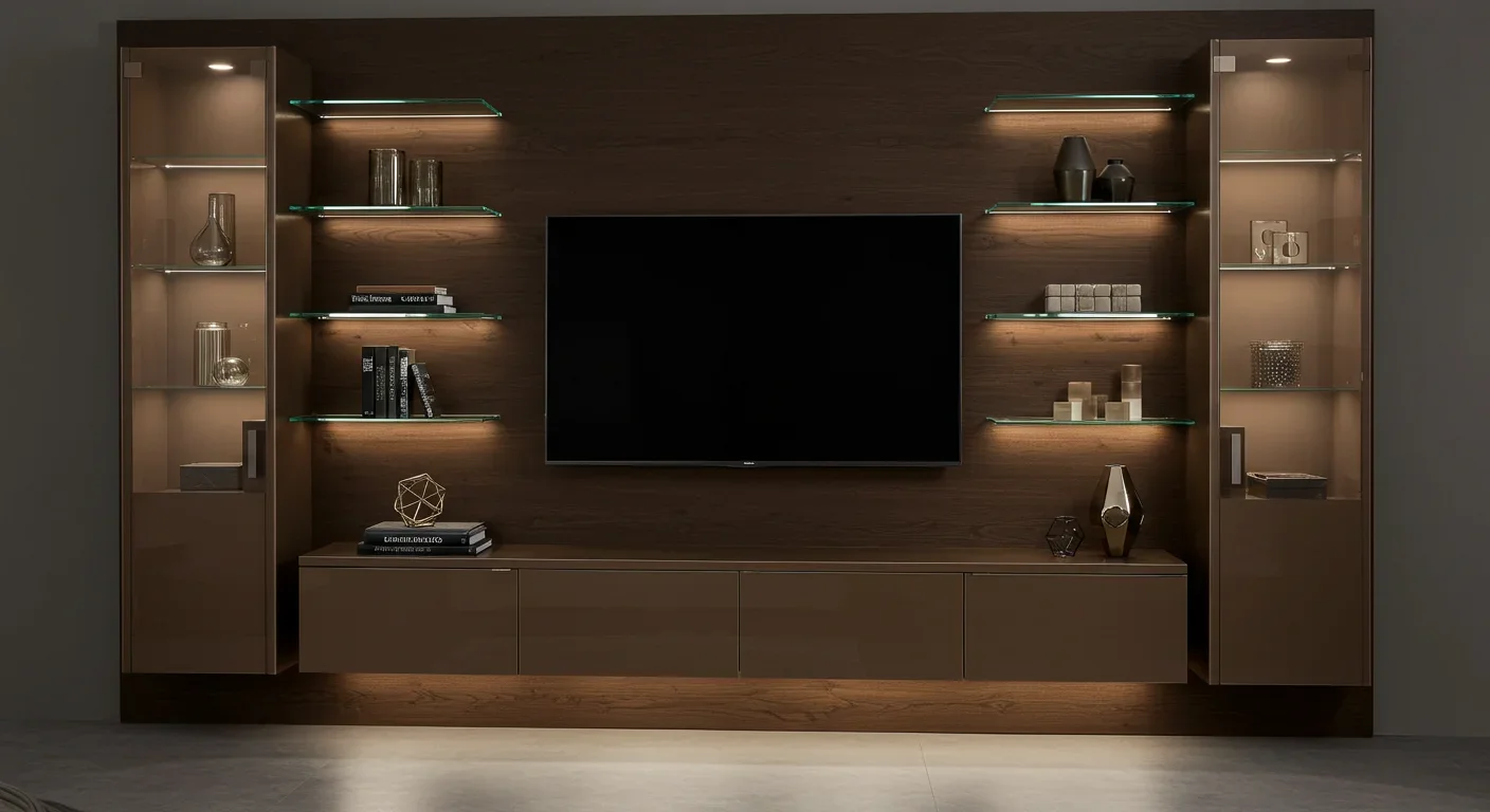 Home theater com acabamento Reflecta, laca, vidro e iluminação LED — Art Closet
