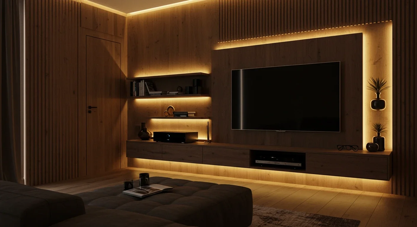 Rack planejado em madeira com iluminação LED e painel de TV — Art Closet
