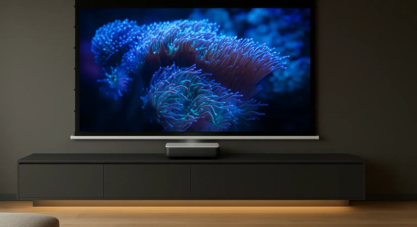 Rack planejado para home theater com tela retrátil e projetor laser — Art Closet