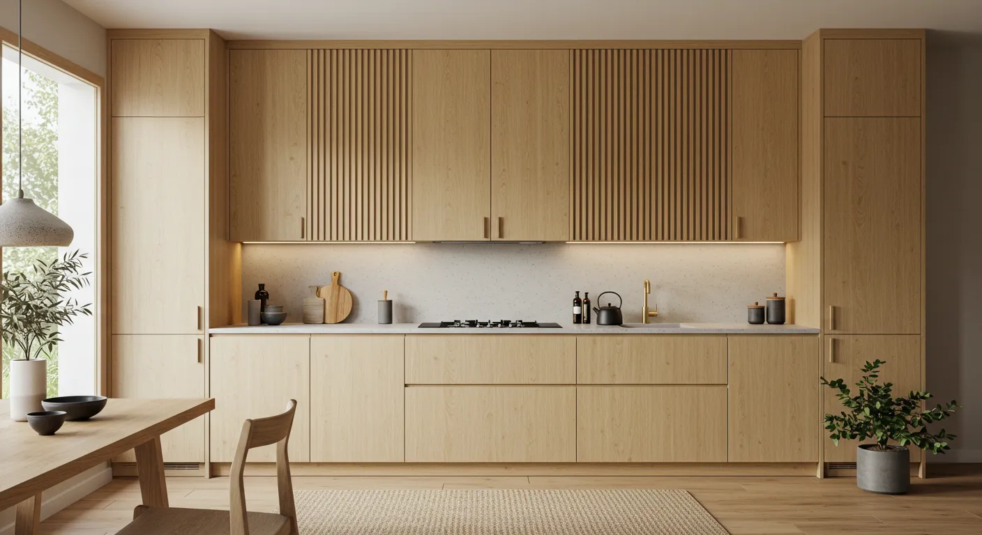Cozinha planejada com armários em MDF claro, acabamento ripado nos superiores, bancada branca e decoração minimalista – Art Closet.